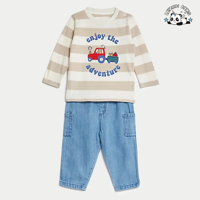 LEZONKIDS - ODM Customized Autumn Kids Sets Organic Cotton Denim Pant Casual Kids Clothing Sets for Boys